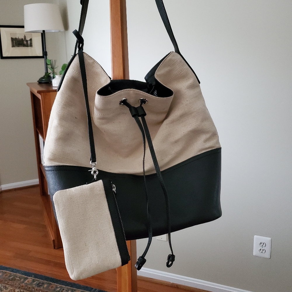 Pottery Barn Kids Beige and Black Canvas Drawstring Tote with Pouch
